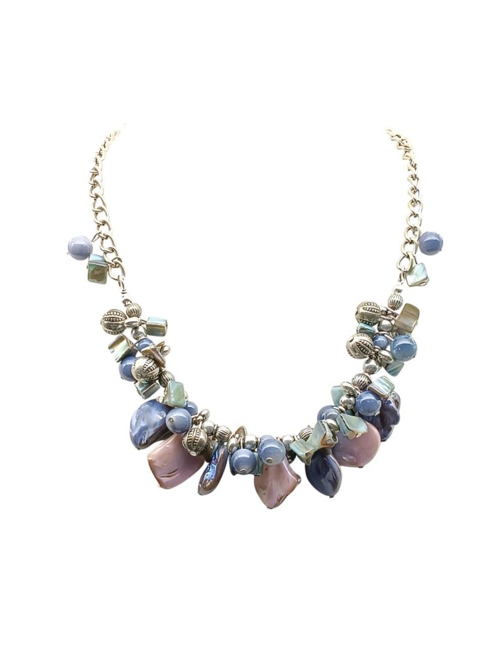 Vintage Chunky Beaded Bib Necklace with Blue & Pink Abalone and Mother of Pearl